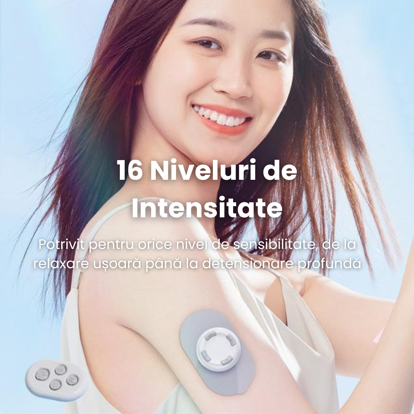 Aparat TENS Wireless pentru Masaj și Electrostimulare Musculară, Portabil – 6 Programe, 16 Niveluri Intensitate, Reîncărcabil cu Telecomandă