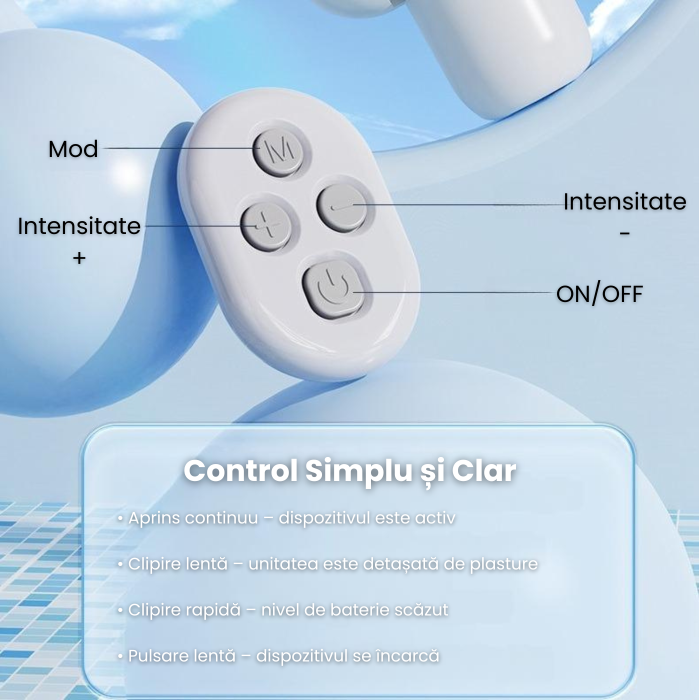 Aparat TENS Wireless pentru Masaj și Electrostimulare Musculară, Portabil – 6 Programe, 16 Niveluri Intensitate, Reîncărcabil cu Telecomandă